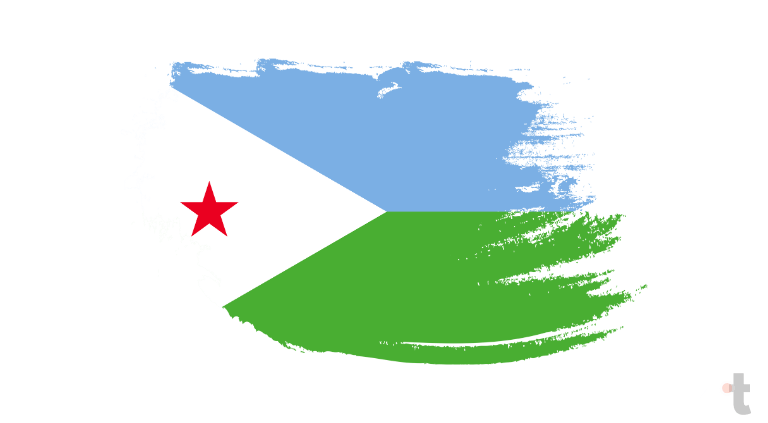 A bandeira di Djibouti apresenta duas faixas horizontais, azul-claro e verde, separadas por um triângulo branco com uma estrela vermelha, simbolizando o céu, a terra, a paz e a unidade