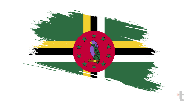 Bandeira da Dominica apresenta um fundo verde com uma cruz formada por faixas amarelas, pretas e brancas; ao centro, um círculo vermelho com um papagaio sisserou cercado por dez estrelas verdes, representando fé, esperança e a natureza tropical