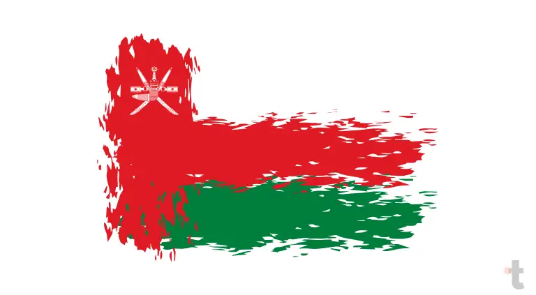 A bandeira do Omã apresenta três faixas horizontais (branca, vermelha, verde) com uma faixa vertical vermelha à esquerda contendo o emblema nacional. Branco simboliza paz, vermelho independência, verde as terras férteis