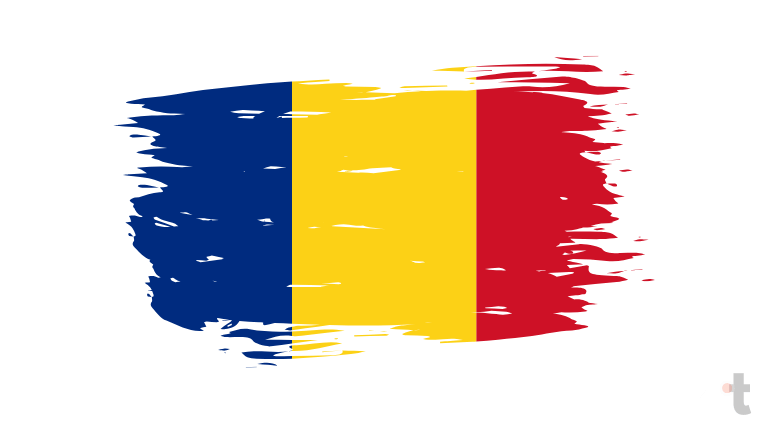 A bandeira apresenta três faixas verticais em azul, amarelo e vermelho, representando liberdade, prosperidade e coragem do povo romeno