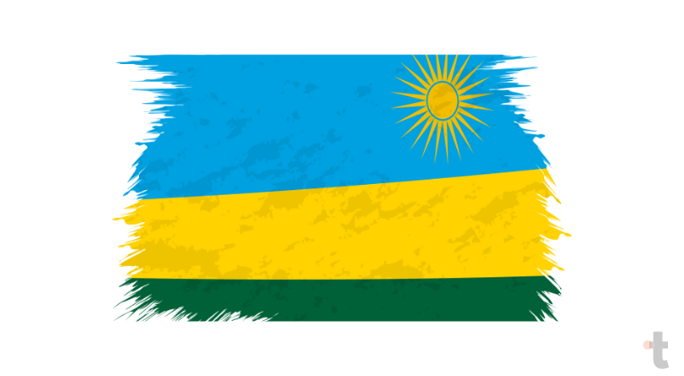 A bandeira possui três faixas horizontais em azul, amarelo e verde, com um sol dourado no canto superior direito, simbolizando unidade, trabalho e esperança para o futuro