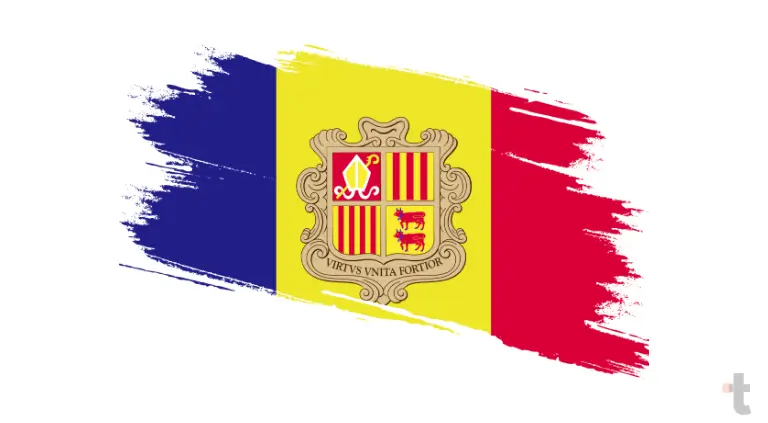 Bandeira de Andorra com três listras verticais em azul, amarelo e vermelho, e o brasão no centro
