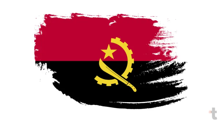 Bandeira de Angola com duas faixas horizontais em vermelho e preto, e um símbolo amarelo de engrenagem e machete com estrela