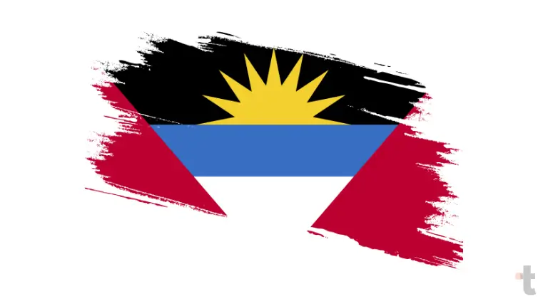 Bandeira de Antígua e Barbuda com triângulo vermelho, sol amarelo sobre fundo preto e listras azul e branca