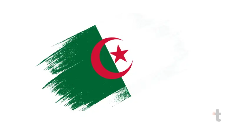 Bandeira da Argélia dividida em verde e branco, com lua crescente e estrela vermelhas no centro