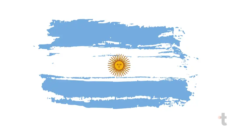 Bandeira da Argentina com três faixas horizontais azul, branca e azul, com sol amarelo no centro