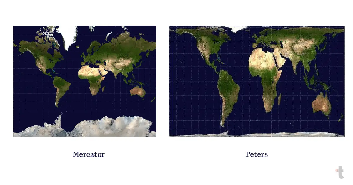 Ilustração da distorção de Mercator vs Peters