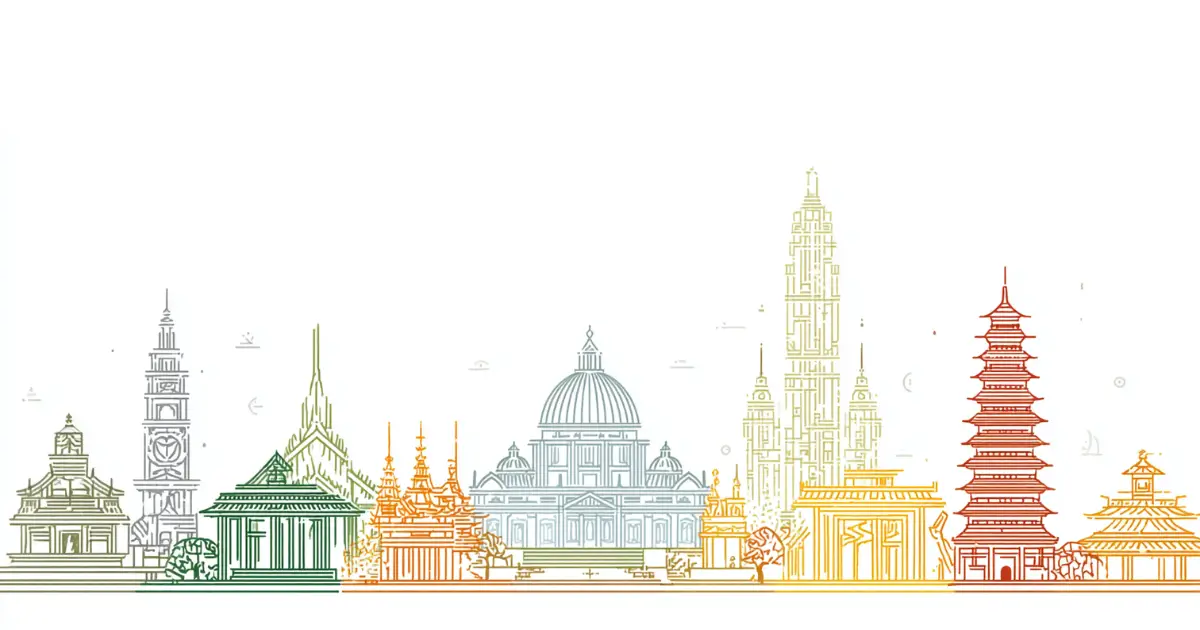 Friso minimalista com símbolos de Vanuatu, Vaticano, Venezuela e Vietname em linhas finas e cores pastel