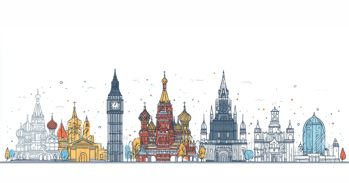 Friso com símbolos marcantes de quatro países que começam com a letra R: Big Ben, Castelo de Bran, Centro de Convenções de Kigali e Catedral de São Basílio