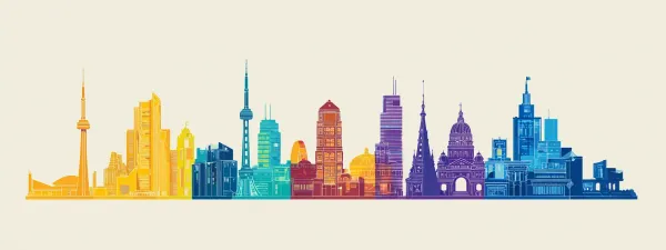 Skyline estilizada com edifícios em diferentes cores: amarelo, ciano, vermelho, roxo e azul, organizados horizontalmente sobre fundo bege