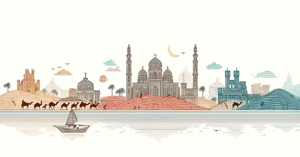 Ilustração panorâmica dos monumentos populares de Omã com mesquitas, minaretes, fortalezas tradicionais, caravana de camelos e barco típico