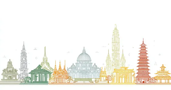 Friso minimalista com símbolos de Vanuatu, Vaticano, Venezuela e Vietname em linhas finas e cores pastel