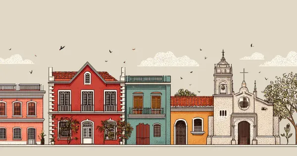 Ilustração minimalista de uma paisagem urbana representando Dinamarca, Djibouti, Dominica e República Dominicana com edifícios de diferentes estilos arquitetônicos