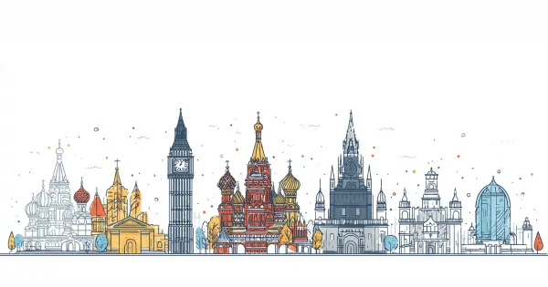 Friso com símbolos marcantes de quatro países que começam com a letra R: Big Ben, Castelo de Bran, Centro de Convenções de Kigali e Catedral de São Basílio